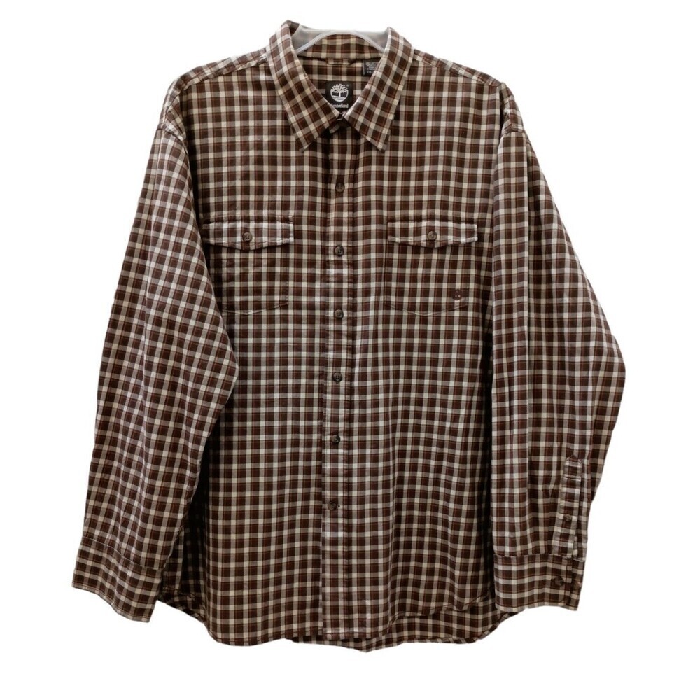Timberland Mens Flannel Shirt 2XL Brown Plaid Button Down Workwear